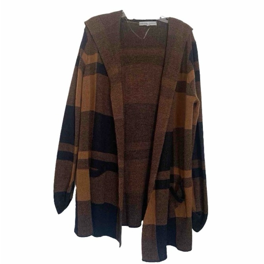 Absolutely Famous Plaid Cardigan Sweater Hooded Fall Dark Orange Navy Sz XL